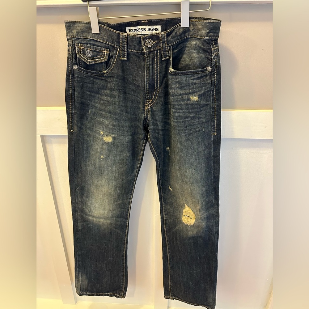 Express Men's Rocco Slim Fit boot cut Distressed Blue Jeans 32 X 32